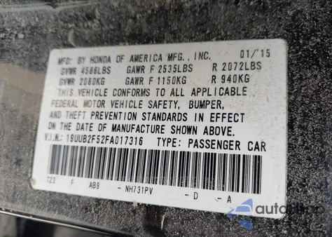 2015 Acura Tlx V6 Tech из США, поврежденный, VIN 19UUB2F52FA017316